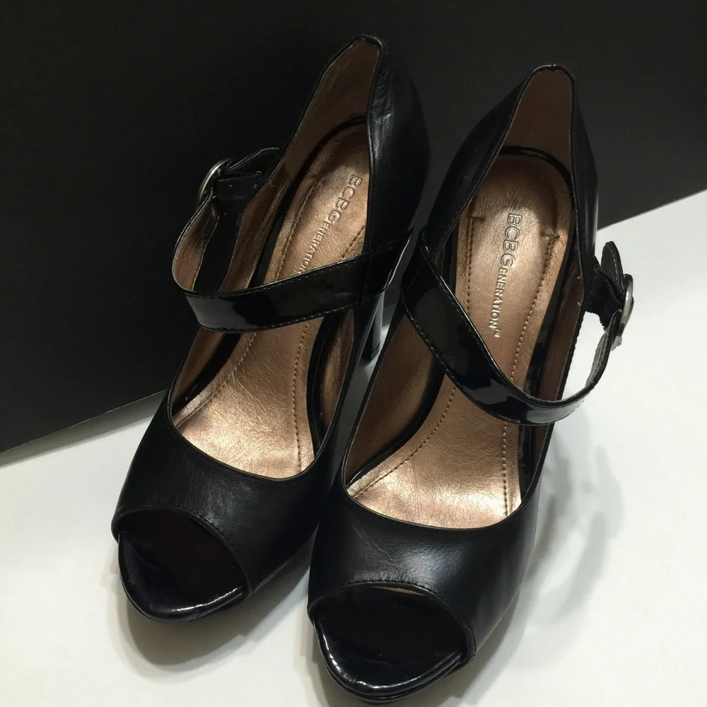 BCBGeneration Black Patent Mary Jane Platform Heels with Silver Buckle